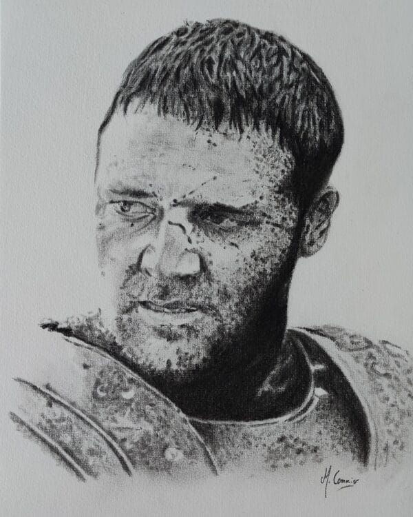 Portrait de Maximus aux crayons graphites sur fond blanc dans le film Gladiator